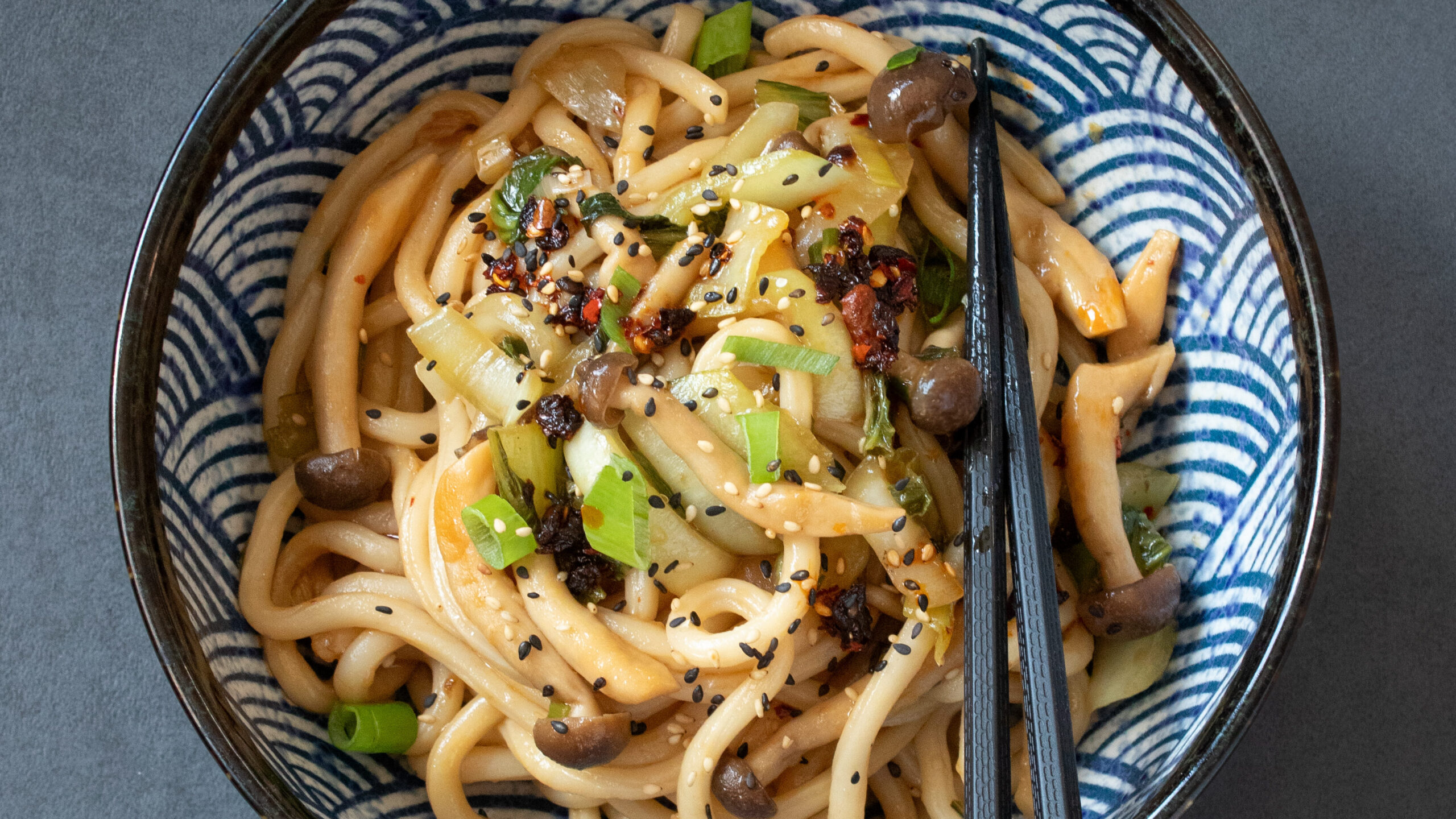 Easy and Quick Udon Noodle Stir Fry with Shimeji Mushrooms and Bok Choy
