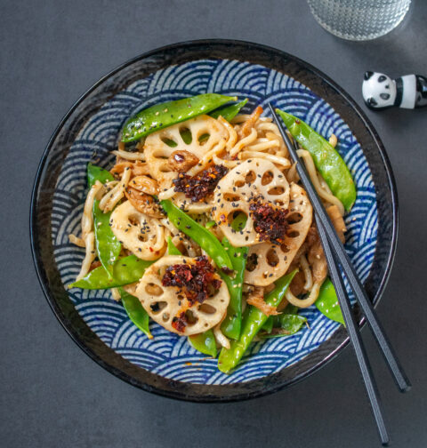 Udon Noodles with Lotus Root and Snow Peas