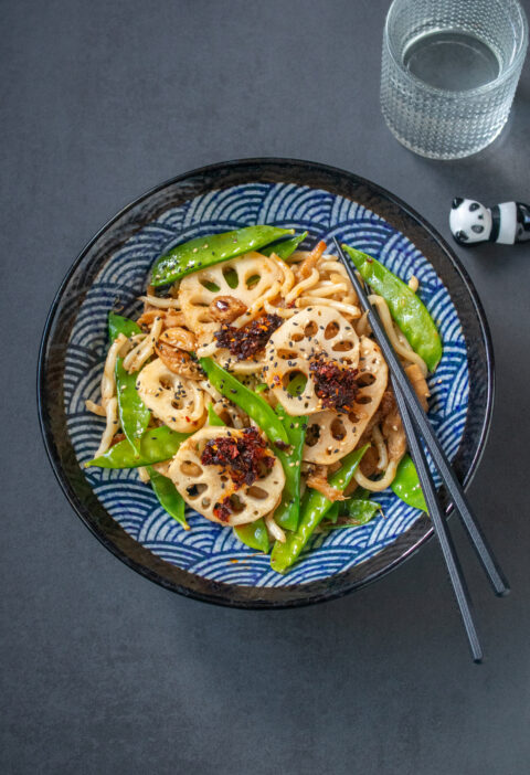 Udon Noodles with Lotus Root and Snow Peas